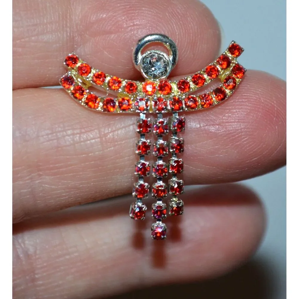 Vintage Silver Tone Jeweled Angel‎ Tac Pin Red Rhinestones & 1 Clear  1.25